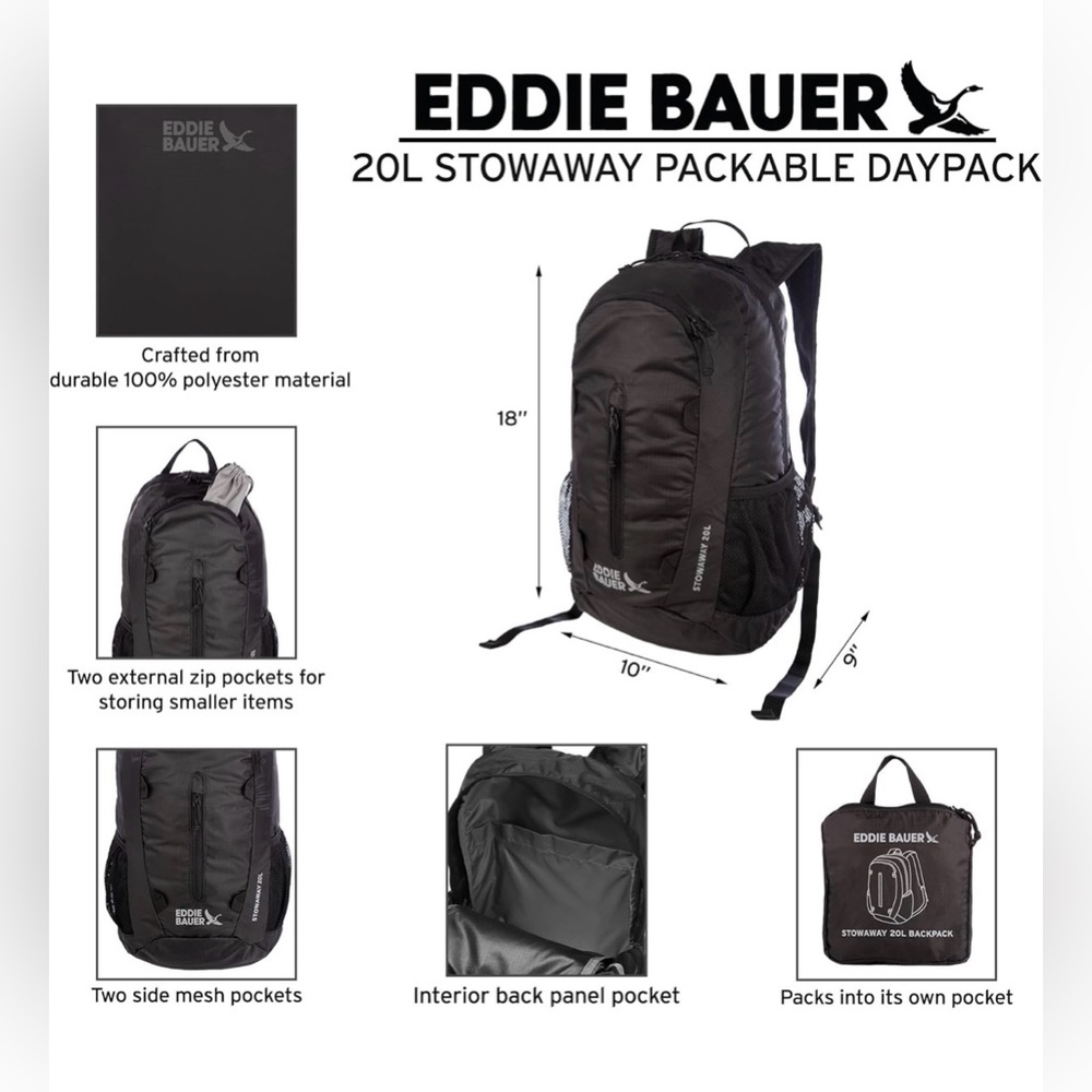 Eddie Bauer Green 20L Lightweight Stowaway Packable Spruce Green Backpack - Picture 2 of 16
